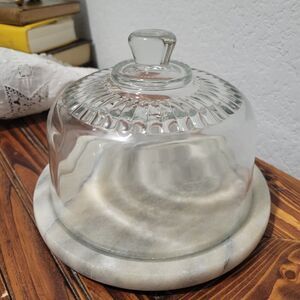 Vintage Marble White & Gray Cheese Cloche Glass Dome Lid 7.5 x 5.5" MCM Dessert